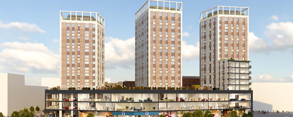 Kvarter 9 med de tre höga tornen har entré till Barkarbystadens tunnelbanestation och möjlighet till ett stort kommersiellt innehåll i bottenvåningarna. Till vänster skymtar Flygfältsplatsen och till höger Kårplatsen. I de tre tornen blir det bostäder, både bostadsrätter och hyresrätter. Pressbild: Järfälla kommun