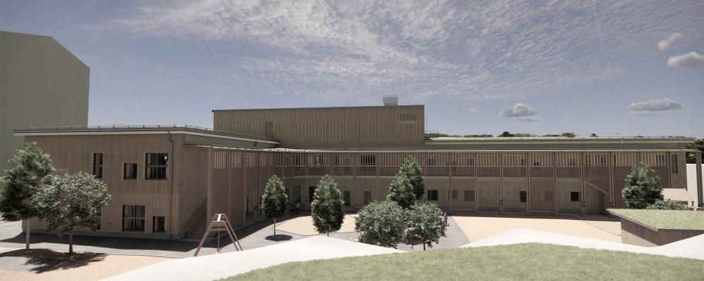 Bergfotens förskola i Tyresö, vy från gård. Pressbild: AIX Arkitekter