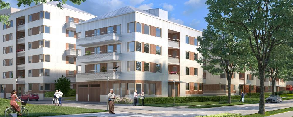 Örtuglandets arkitektur bygger på en gradvis stegring i skalan, där punkthusens höjd och fasadutformning skapar ett harmoniskt möte mellan områdets villor och åttavåningshus. (Foto: ÅWL Arkitekter)