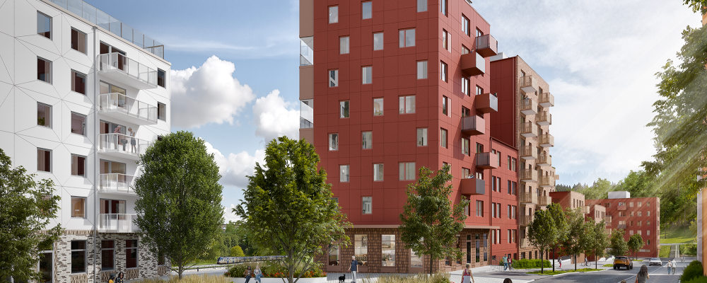 Visionsbild torget vid det nya bostadsområdet vid campus Flemingsberg. Av: Kirsch+Dereka Arkitekter