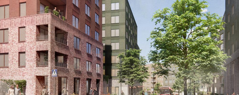 SKB kommer att bygga över 100 kooperativa hyresrätter i Henriksdalsbacken. Illustration: AIX Arkitekter
