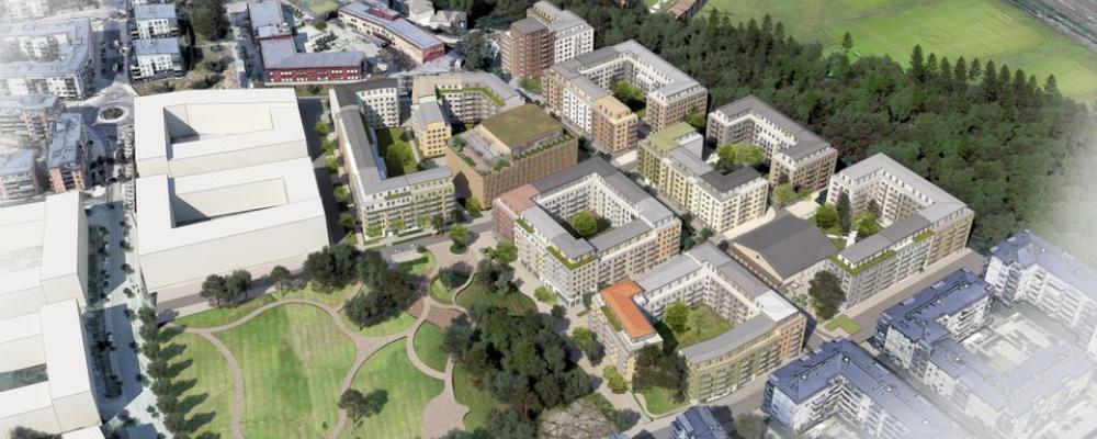 Flygvy över möjlig ny bebyggelse inom detaljplan för kvarteret Backklövern m.fl. (etapp 6) ÅWL Arkitekter