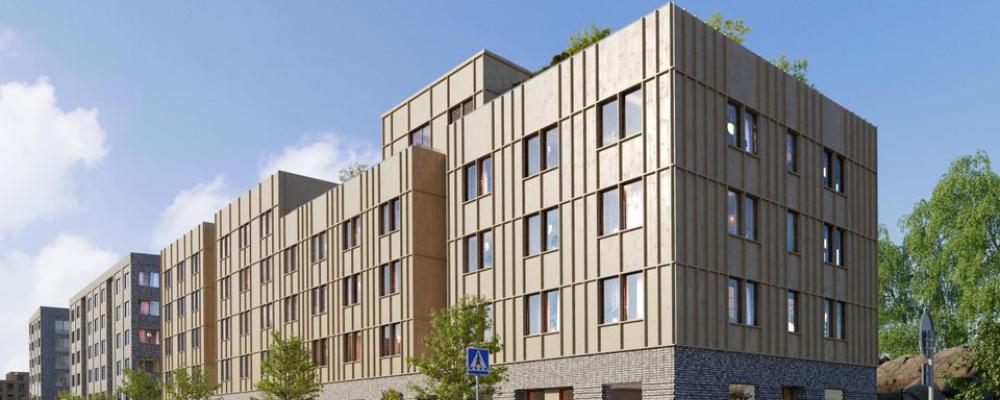 Moelven Byggmodul AB är totalentreprenör för projektet, som omfattar två kvarter med totalt 247 student- och forskarbostäder, en förskola och en idrottshall. Illustration: K2A