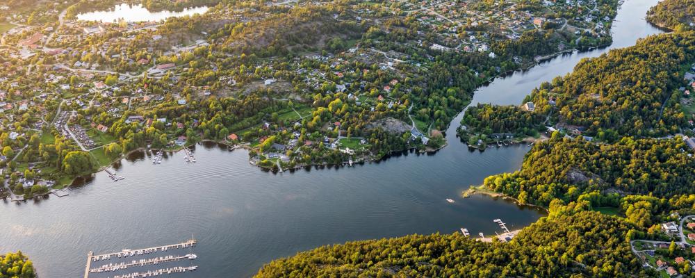En drönarbild på området, Södra Lännersta i Nacka. Pressbild: Carl Ek Fastigheter