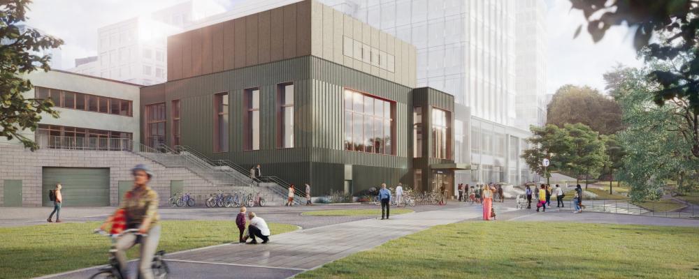 Visionsbild av entré till Gul linje i Trekantsparken i Liljeholmen. Bild: Region Stockholm/Sweco