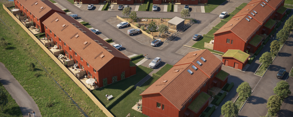 Bilden visar den föreslagna småhusbebyggelsen i form av radhus längs de tre sidorna av fastigheten, vilka ramar in den gemensamma gården. Pressbild: Järfälla kommun