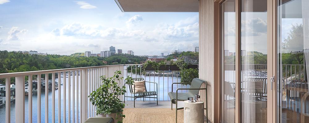 Patriam Kvarnholmen, ett bostadsprojekt med 22 lägenheter byggda på pålar i vattnet, alla med frontläge mot vattnet. Pressbild: Patriam