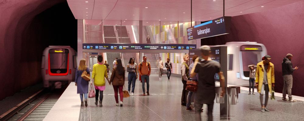Visionsbild av station Gullmarsplans plattform för Blå linje. Visionsbild: Region Stockholm/Sweco