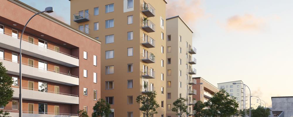 Det ska byggas fyra punkthus med totalt 92 lägenheter och två lokaler i Rinkeby, Stockholm. Pressbild: Lindbäcks