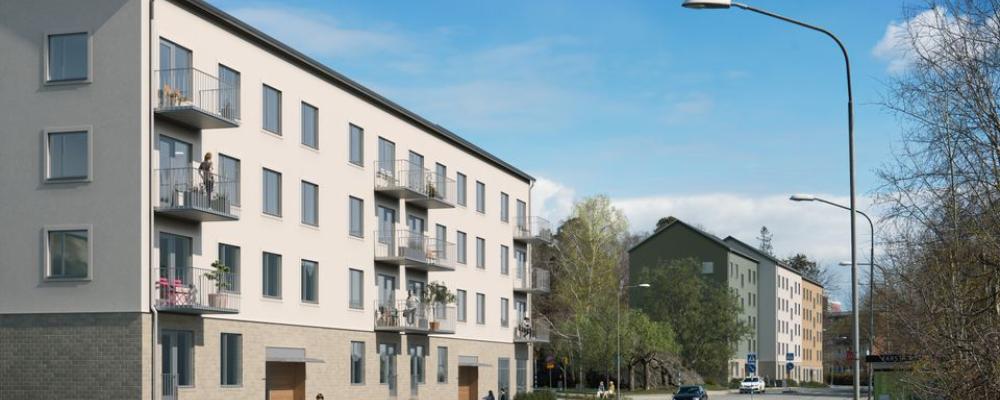 Visionsbild på de nya Stockholmshusen längs med Mårbackagatan. Nyrén arkitekter