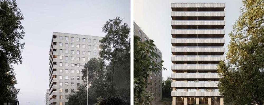 Till vänster visas byggnaden med den västra fasaden i fokus, delvis integrerad i bergsslänten. Till höger syns byggnaden framifrån, sett från Mariedal och Karlbergssjön. Foto: Wallin