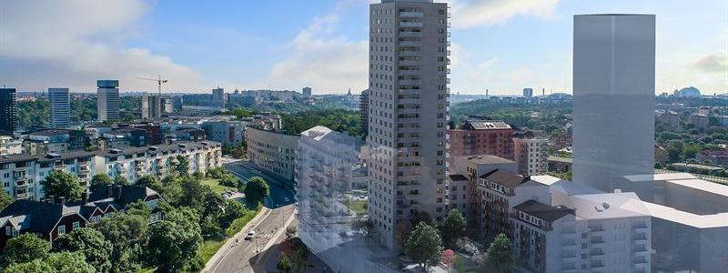Bild från området där det nya Kv. Knutpunkten syns till höger och projekt Kv. Fritiden till vänster som PE tidigare varit delaktiga i. Foto: Ikano Bostad