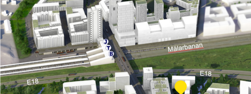 FFAB:s kvarter har ett tillgängligt läge vid E18 och den nya framväxande noden för kollektivtrafik. Närmast E18 planerar FFAB för kontor och mot parken och å-fåran blir det bostäder i form av bostadsrätter och ägarlägenheter. (Visionsbild: Järfälla kommun/AIX Arkitekter)
