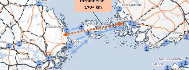 En fast förbindelse mellan Finland och Sverige, med en hållplats på Åland, är ett framtidsscenario som kastas fram i en rapport av Finlands näringsliv och några andra organisationer. Bildkälla: Finlands näringsliv, Montage: Ålands Radio