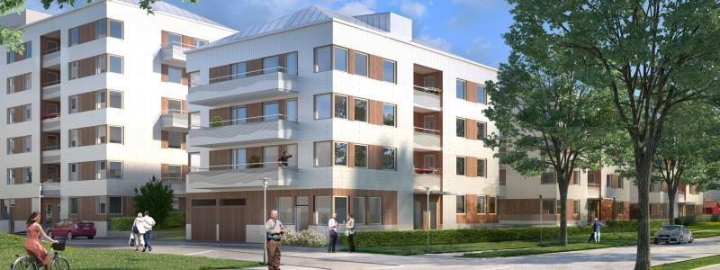 Örtuglandets arkitektur bygger på en gradvis stegring i skalan, där punkthusens höjd och fasadutformning skapar ett harmoniskt möte mellan områdets villor och åttavåningshus. (Foto: ÅWL Arkitekter)