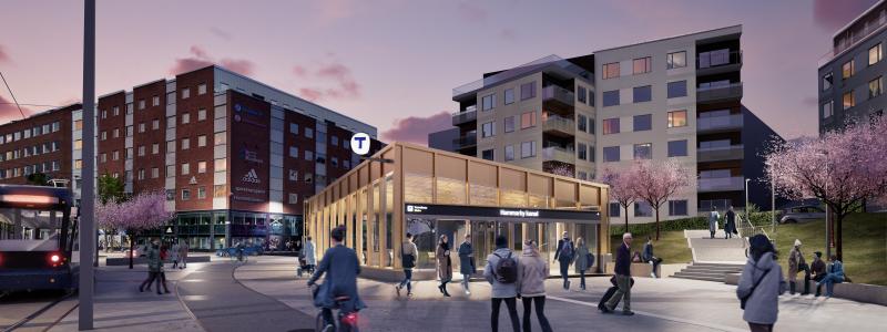 Den södra uppgången byggs i Luma. Här kommer resenärerna kunna byta till tvärbanan och bussar. Visionsbild: Region Stockholm/Sweco, Typsa