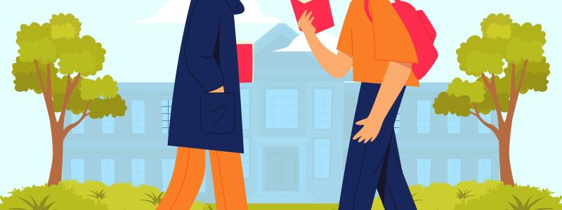 Illustration med skola och två som läser bok. Illustration av:  Irvan maulana