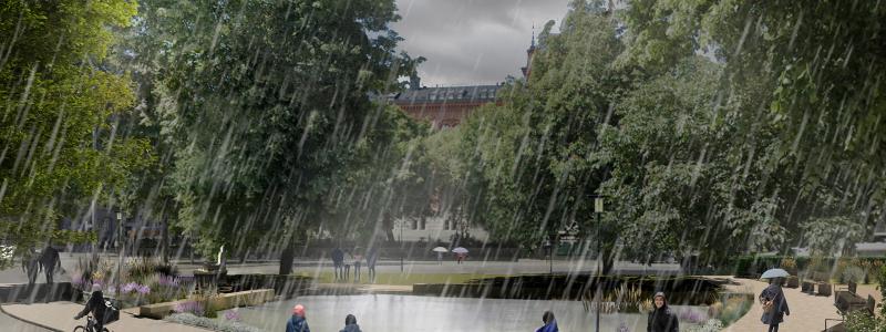Visionsbild av den nya parken vid regnväder. Bild. Stockholms stad
