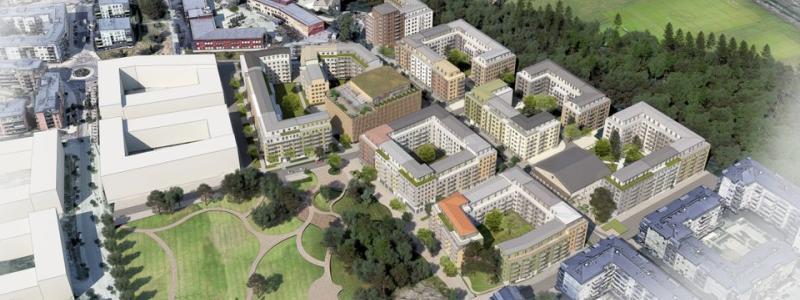 Flygvy över möjlig ny bebyggelse inom detaljplan för kvarteret Backklövern m.fl. (etapp 6) ÅWL Arkitekter