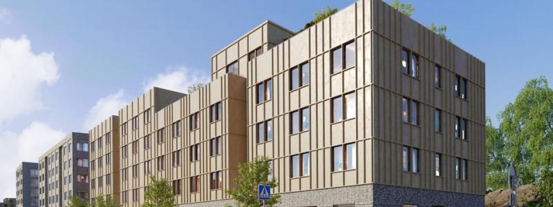 Moelven Byggmodul AB är totalentreprenör för projektet, som omfattar två kvarter med totalt 247 student- och forskarbostäder, en förskola och en idrottshall. Illustration: K2A