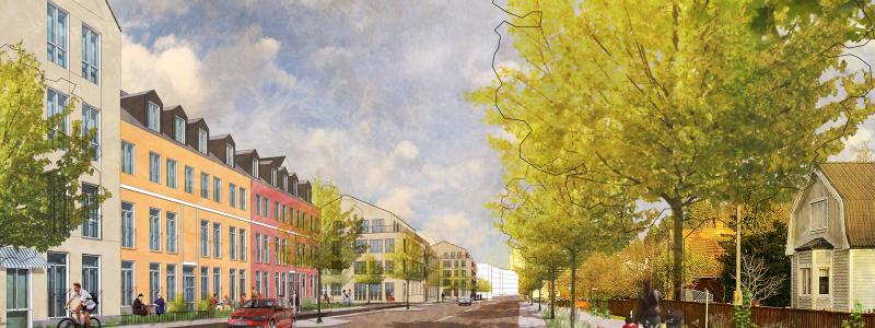 Visionsbild av hur det skulle kunna se ut längs Optimusvägen, i riktning mot Centralvägen.

Visionsbild: KOD Arkitekter