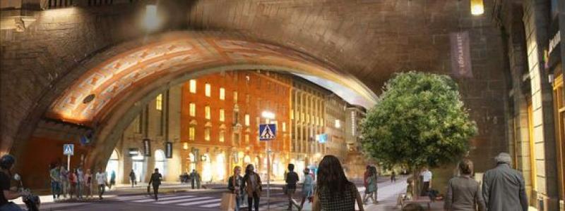 Nu startar arbetet med att förstärka Kungsgatans grund mellan Sveavägen och Norrlandsgatan. Visionsbild Kungsgatan österut. Illustration: Sweco