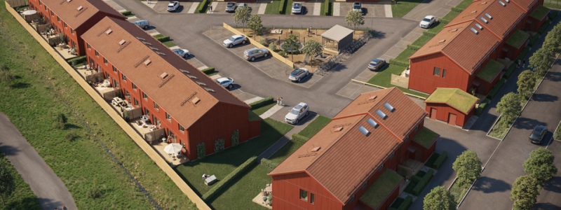 Bilden visar den föreslagna småhusbebyggelsen i form av radhus längs de tre sidorna av fastigheten, vilka ramar in den gemensamma gården. Pressbild: Järfälla kommun