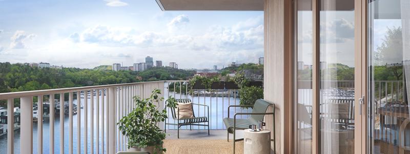 Patriam Kvarnholmen, ett bostadsprojekt med 22 lägenheter byggda på pålar i vattnet, alla med frontläge mot vattnet. Pressbild: Patriam