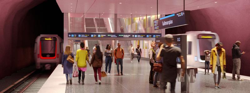 Visionsbild av station Gullmarsplans plattform för Blå linje. Visionsbild: Region Stockholm/Sweco