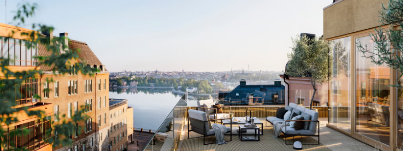 Wallin presenterar Ersta/25 som kännetecknas av elegans, exklusivitet och en genomarbetad design. Bostadshuset ligger på Erstagatan på Södermalm och har en svårslagen utsikt över Saltsjön. Bild: Wallin