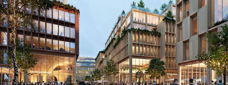 Hållbar stadsutveckling i fokus: Brf Kulturarvet blir det första träbygget på Nobelberget, en del av det storskaliga Stockholm Wood City-projektet. Illustration: Atrium Ljungberg / Henning Larsen