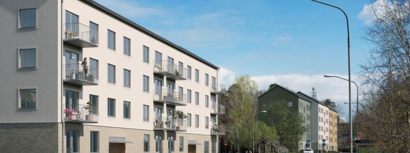 Visionsbild på de nya Stockholmshusen längs med Mårbackagatan. Nyrén arkitekter