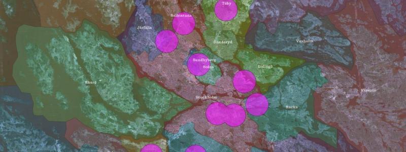 14 identifierade strategiska geografiska områden i Stockholms län där laddinfrastruktur bedömts lämpligast utifrån bl.a. närhet till jord- och bergmassors uppkomst och behov. Bild: SBUF