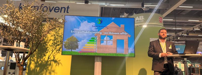Svensk Ventilations teknik- och miljöchef Andreas Martinsson Björkdal talade på Nordbygg. Foto: Amanda Hardwick