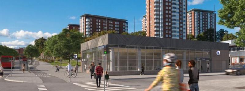 Bilden visar entré till station Sickla från korsningen Värmdövägen-Alphyddevägen. Bild: Region Stockholm/Sweco