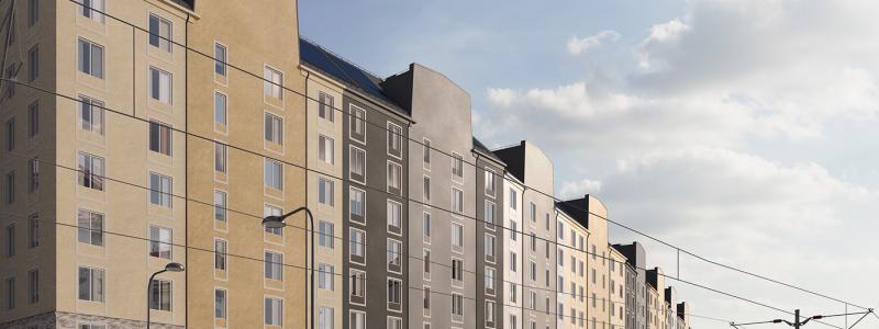 Illustration av Brunnberg och Forshed Arkitektkontor AB, över Karlsbodavägen där Utombordaren kommer att byggas.