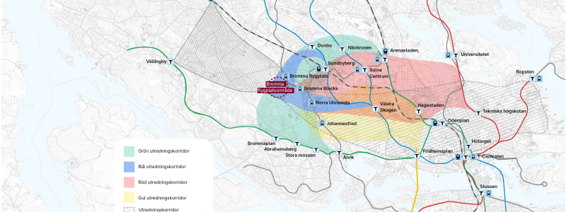 Karta som visar utredningskorridorer samt infrastruktur år 2045, vilket är utgångsläget för lokaliseringsutredningen. Bild: Region Stockholm