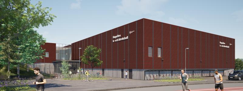 Visionsbild över Hagsätra is- och idrottshall. Bild: Metod arkitekter.