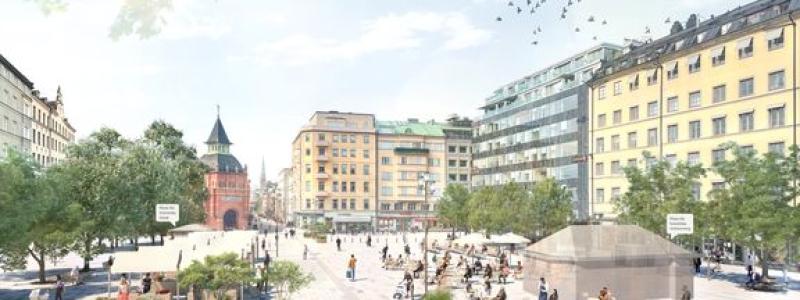 Visionsbild över Östermalmstorg efter upprustningen sett från Storgatan och Sibyllegatan. Illustration: Stockholms stad