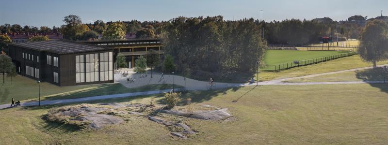Vy utbyggd del servicebyggnad Gubbängens sportfält. Visionsbild: Ahlsénarkitekterna
