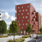 Visionsbild torget vid det nya bostadsområdet vid campus Flemingsberg. Av: Kirsch+Dereka Arkitekter