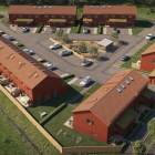 Bilden visar den föreslagna småhusbebyggelsen i form av radhus längs de tre sidorna av fastigheten, vilka ramar in den gemensamma gården. Pressbild: Järfälla kommun