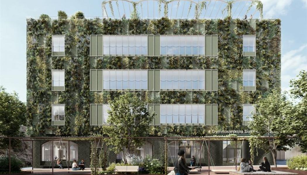 Visionsbild över gymnasieskolan i Slakthusområdet. Illustration: Atrium Ljungberg/Cedervall Arkitekter