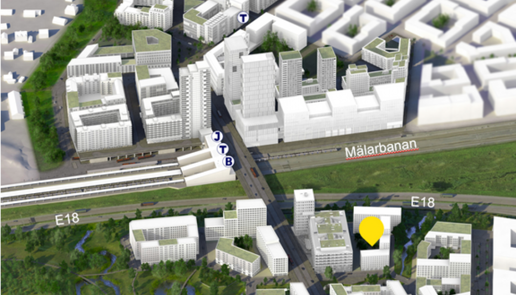 FFAB:s kvarter har ett tillgängligt läge vid E18 och den nya framväxande noden för kollektivtrafik. Närmast E18 planerar FFAB för kontor och mot parken och å-fåran blir det bostäder i form av bostadsrätter och ägarlägenheter. (Visionsbild: Järfälla kommun/AIX Arkitekter)