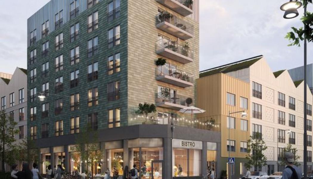 Sveavikens kvarter kännetecknas av mångfald och kreativitet, både gestaltningsmässigt och volymmässigt. Kvarteret uppförs i 4-8 våningar, där kvarterets hörn blir högst. Fasaderna får skiffer och trä med en tydlig uppdelning. Hus med skifferfasad har sockelvåning i puts och granit och takvåning med plåtfasad. Träfasaderna målas och har vertikala och horisontella listmönster för att åstadkomma relief och skuggverkan och ett sadeltakslandskap med sedumtak. Lokaler och bokaler i bottenvåning har stora uppglasade fönsterpartier för att kommunicera ut mot allmän platsmark och bidra till ett livfullt gatuliv. (Visionsbild: Moko och Oevis)