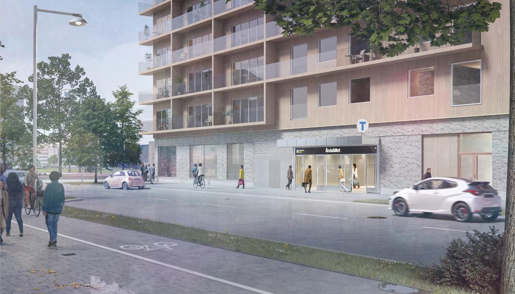 Visionsbild av station Årstaberg på den nya Gula linjen. Bild: Region Stockholm/&Rundquist