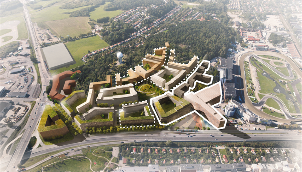 Volymskiss över Solvallastaden. Förvärvade byggrätter 2018 inom streckad linje och det nyligen genomförda förvärvet inom heldragen linje. Bild framtagen av White & ETTELVA Arkitekter.