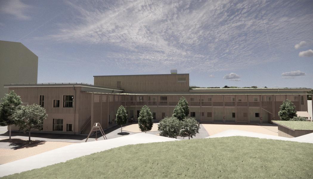 Bergfotens förskola i Tyresö, vy från gård. Pressbild: AIX Arkitekter