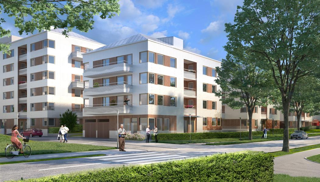 Örtuglandets arkitektur bygger på en gradvis stegring i skalan, där punkthusens höjd och fasadutformning skapar ett harmoniskt möte mellan områdets villor och åttavåningshus. (Foto: ÅWL Arkitekter)