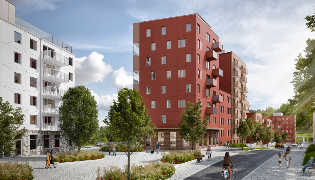 Visionsbild torget vid det nya bostadsområdet vid campus Flemingsberg. Av: Kirsch+Dereka Arkitekter